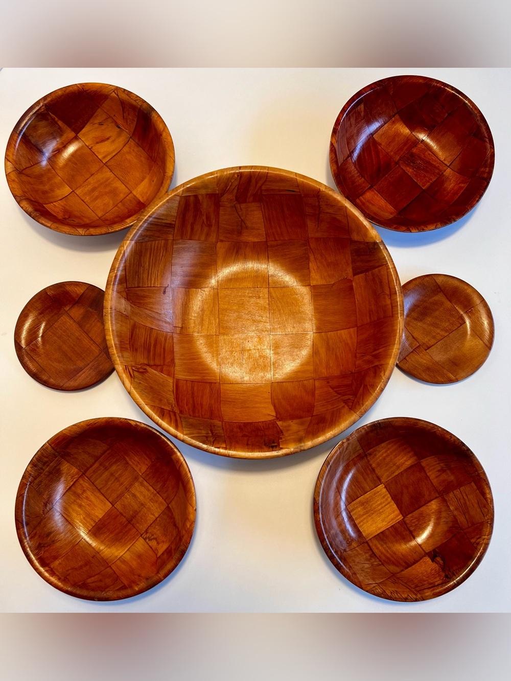 Vintage Parquet Woven Wood Salad Bowl Set 7pc MCM Modern Tableware